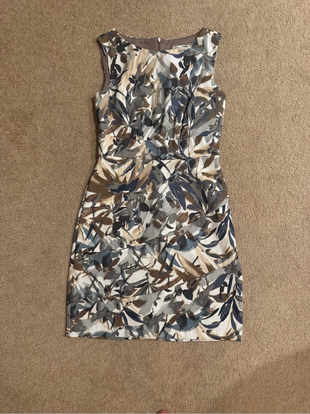 Dress Barn Abstract Leaf-Print Mini Dress in Blue, Brown & Cream